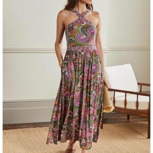 Boden Paisley Print Maxi High Neck Criss Cross Halter Dress‎ Jersey Cotton 4P